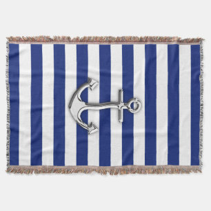 Nautical Chrome Anchor on Navy Stripes Throw Blanket