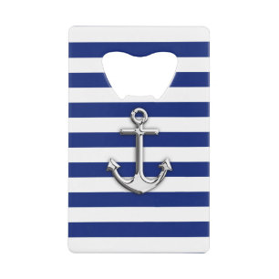 Nautical Chrome Anchor on Navy Stripes Wallet Bottle Opener