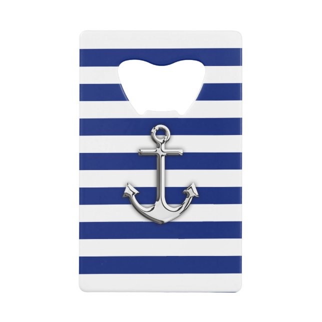 Nautical Chrome Anchor on Navy Stripes Wallet Bottle Opener (Front)