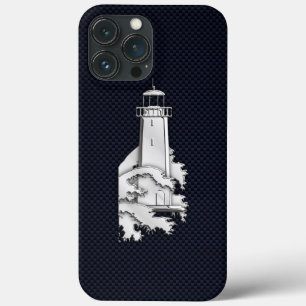 Nautical Chrome Lighthouse on Carbon Fibre Print iPhone 13 Pro Max Case