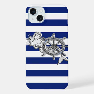 Nautical Chrome Mermaid on Navy Stripes Print iPhone 15 Plus Case