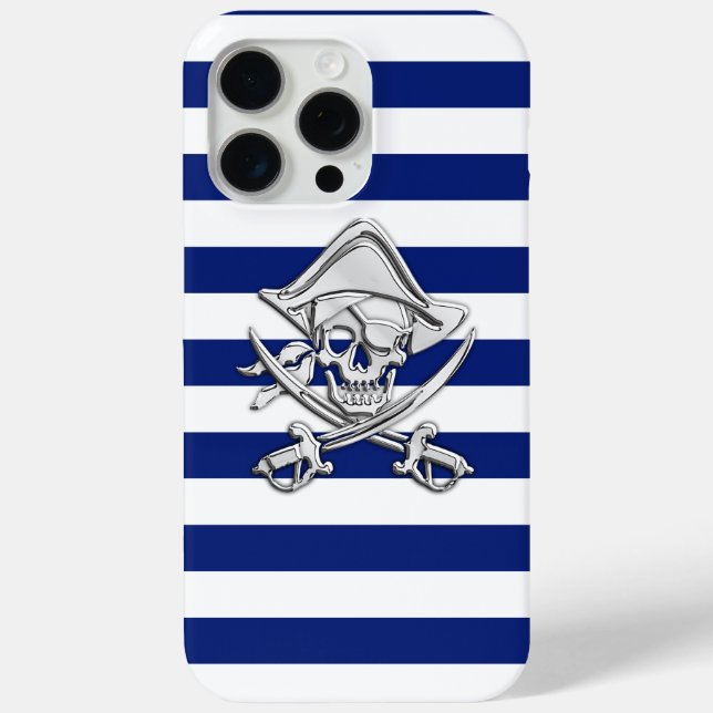 Nautical Chrome Pirate on Navy Stripes Print Case-Mate iPhone Case (Back)