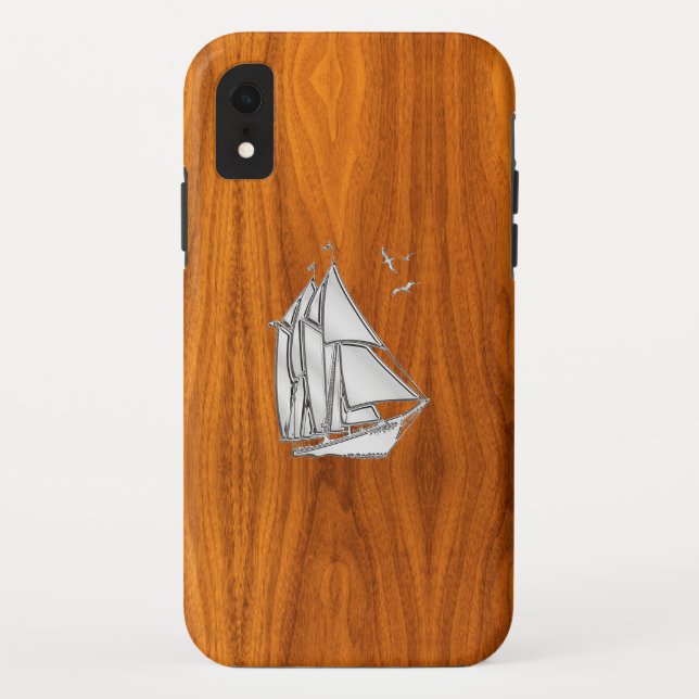Nautical Chrome Sail Boat on Teak Wood Print Case-Mate iPhone Case (Back)