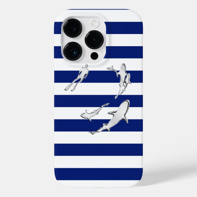 Nautical Chrome Sharks on Navy Stripes Print Case-Mate iPhone Case (Back)