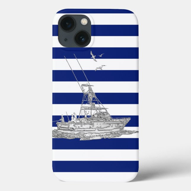 Nautical Chrome Sport Fishin on Navy Stripes Print Case-Mate iPhone Case (Back)