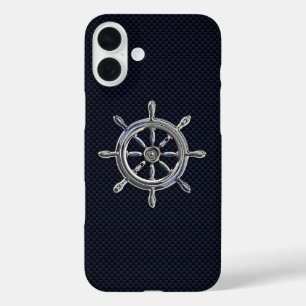Nautical Chrome Wheel on Carbon Fibre Print iPhone 16 Plus Case
