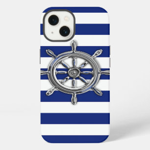 Nautical Chrome Wheel on Navy Stripes Print iPhone 13 Case