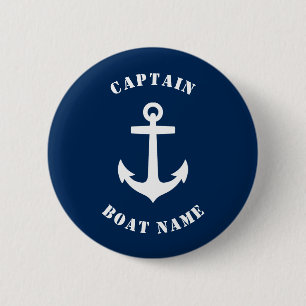 Nautical Classic Anchor Captain Boat Name Blue 2 Inch Round Button