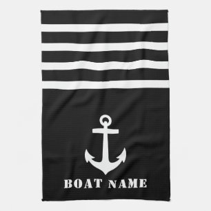 Nautical Classic Anchor Your Boat Name Black White Kitchen Towel