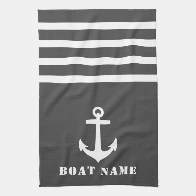 Nautical Classic Anchor Your Boat Name Grey White Kitchen Towel (Vertical)