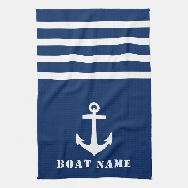 Nautical Classic Anchor Your Boat Name Navy Blue Kitchen Towel (Vertical)