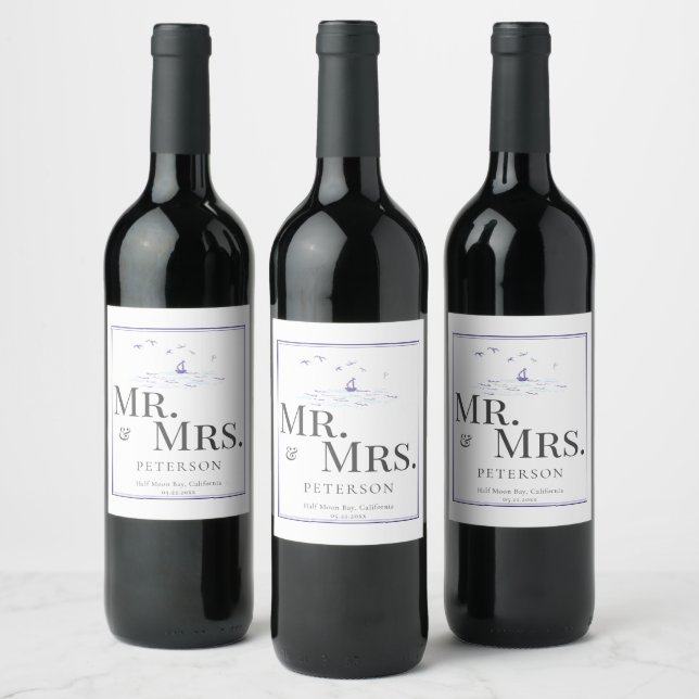 Nautical Classic Frame Boat Navy Mr. Mrs. Wedding Wine Label (Bottles)