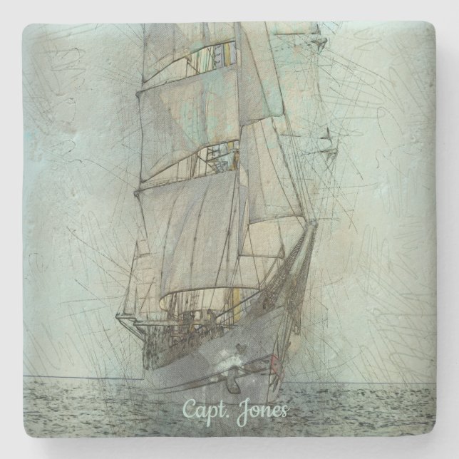 Nautical Classic Ship (Blue) Stone Coaster (Front)