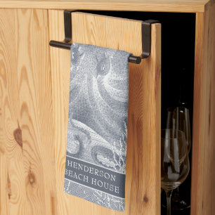 Nautical Coastal Beach House Blue White Octopus Kitchen Towel