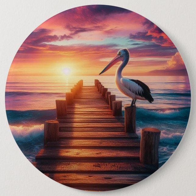 Nautical/coastal/beach pelican sunset  6 inch round button (Front)