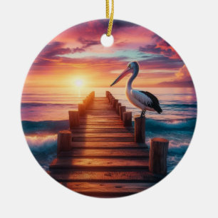 Nautical/coastal/beach pelican sunset ceramic ornament