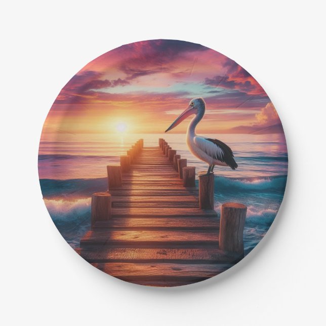 Nautical/coastal/beach pelican sunset  paper plate (Front)