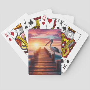 Nautical/coastal/beach pelican sunset playing cards