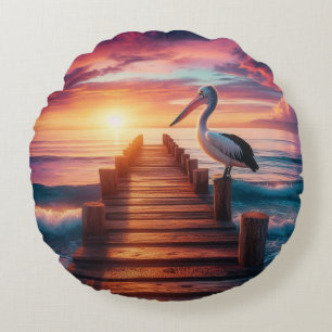 Nautical/coastal/beach pelican sunset  round pillow