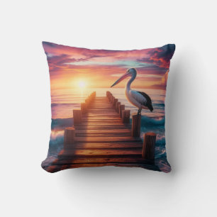 Nautical/coastal/beach pelican sunset  throw pillow