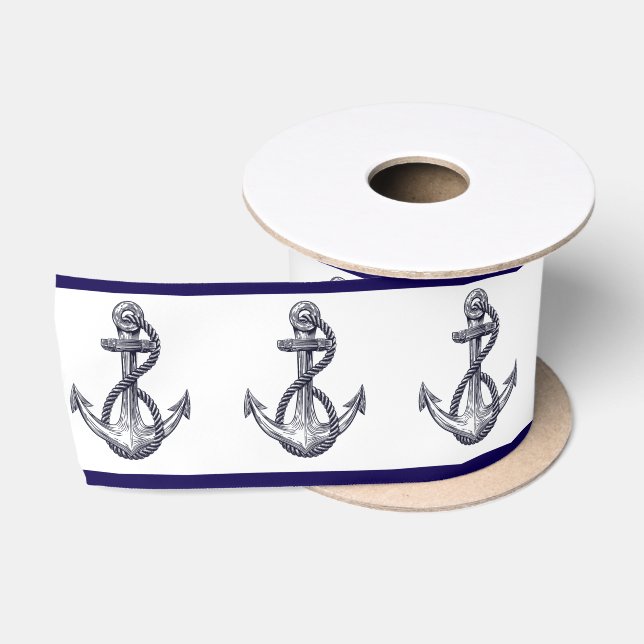 Nautical Coastal  Beach Seaside Navy Blue Anchor  Satin Ribbon (Spool)