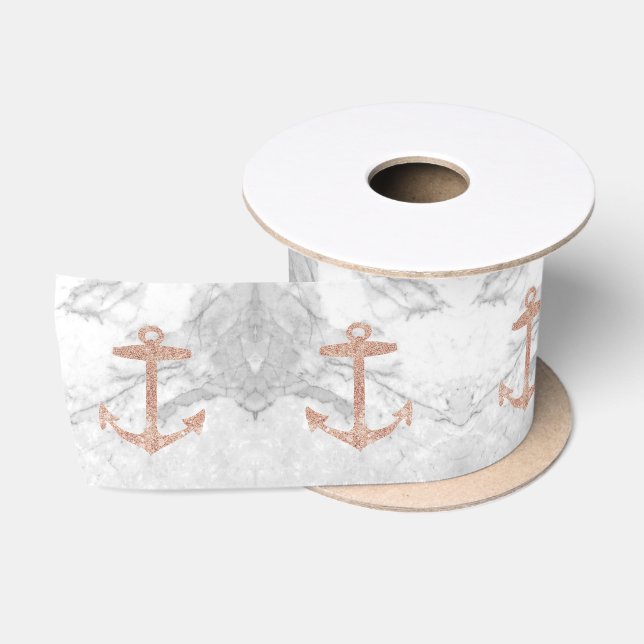 Nautical Coastal Beach White Marble Beige Anchor  Satin Ribbon (Spool)