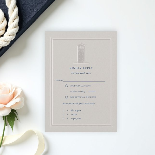 Nautical Coastal Bell Tower Formal Wedding RSVP (coastal wedding rsvp card formal traditional double frame modern classic ivory bell tower)