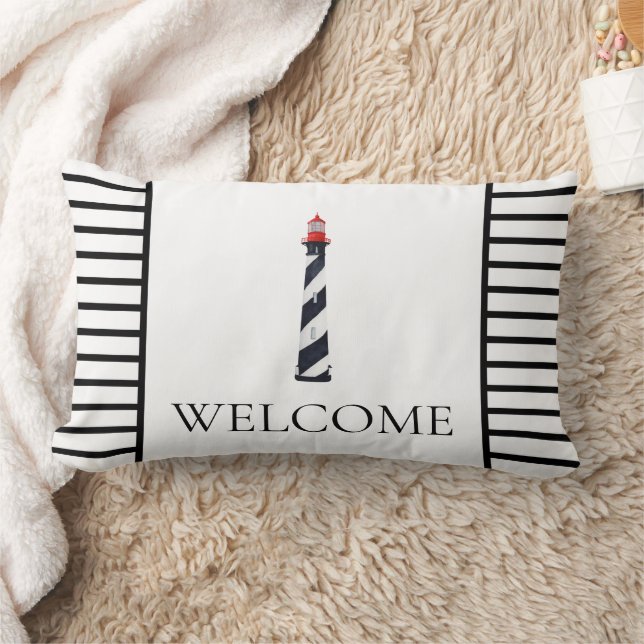 Nautical Coastal Black and White Lighthouse Lumbar Pillow (Blanket)