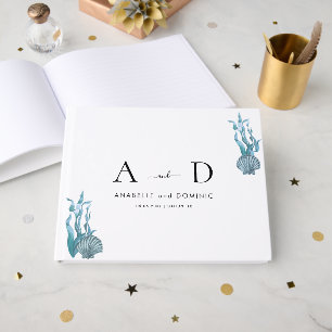 Nautical Coastal Blue Seashell Wedding Monogram Guest Book