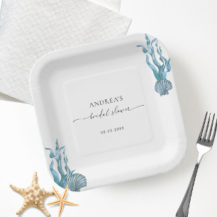 Nautical Coastal Blue Shell Summer Bridal Shower Paper Plate