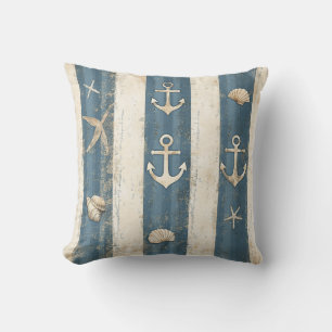 Nautical Coastal Blue Tonal Stripes Starfish  Throw Pillow