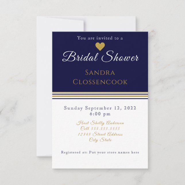 Nautical Coastal Bridal Shower Navy Blue Heart Invitation (Front)