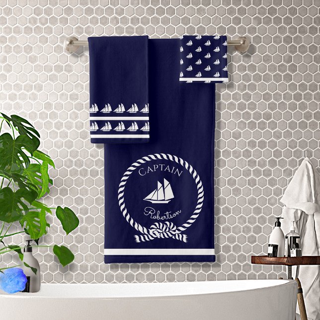 Nautical coastal Captain name  Sailboat Navy Blue Bath Towel Set (Creator Uploaded)