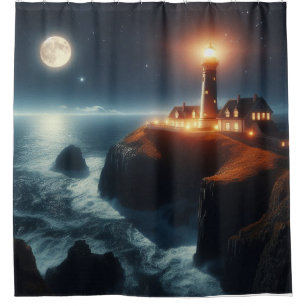 Nautical/coastal lighthouse at night with moon