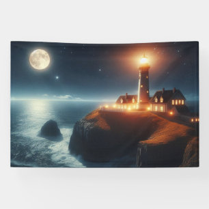Nautical/coastal lighthouse at night with moon banner