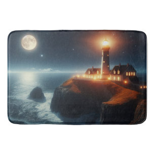 Nautical/coastal lighthouse at night with moon bath mat