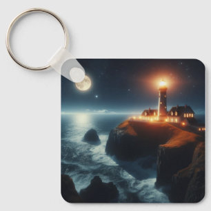 Nautical/coastal lighthouse at night with moon keychain