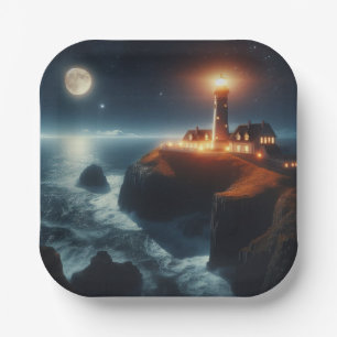 Nautical/coastal lighthouse at night with moon paper plate