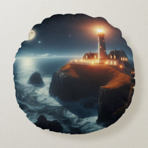 Nautical/coastal lighthouse at night with moon round pillow