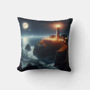 Nautical/coastal lighthouse at night with moon throw pillow