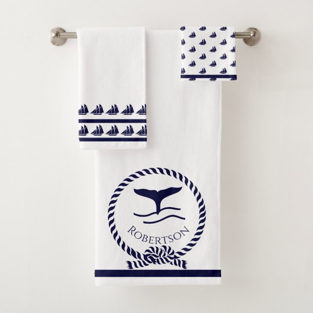 Nautical coastal name  Sailboat Whale  Navy Blue Bath Towel Set (Insitu)