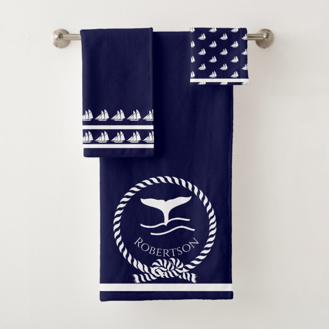 Nautical coastal name  Sailboat Whale  Navy Blue  Bath Towel Set (Insitu)