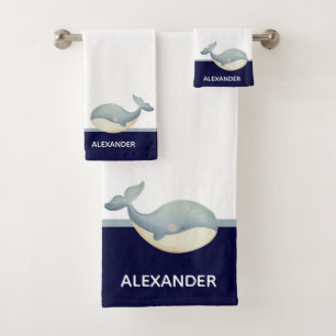 Nautical Coastal Navy Blue Grey White Whale  Bath Towel Set