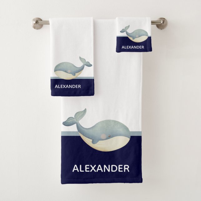 Nautical Coastal Navy Blue Grey White Whale  Bath Towel Set (Insitu)