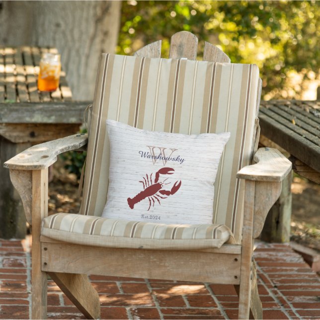 Nautical Coastal Red Lobster Rustic Wood White Outdoor Pillow (Chair)