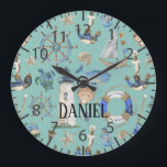 Nautical Coastal Sea Beach Teal Boy Room Name Large Clock<br><div class="desc">Wall clock with a teal background with watercolor-painted coastal decor items with customizable name.</div>