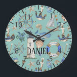Nautical Coastal Sea Beach Teal Boy Room Name Large Clock<br><div class="desc">Wall clock with a teal background with watercolor-painted coastal decor items with customizable name.</div>