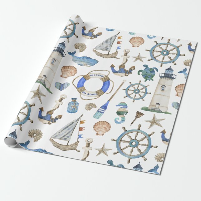 Nautical Coastal Sea Beach Theme Wrapping Paper (Unrolled)