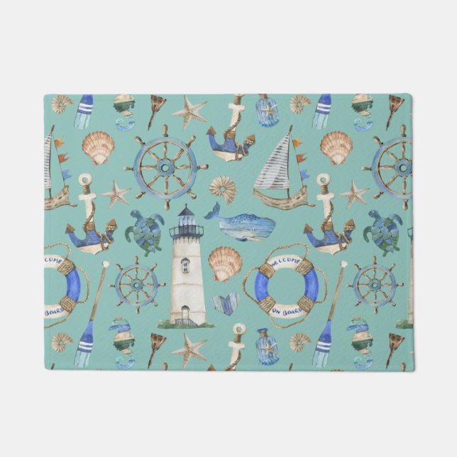 Nautical Coastal Sea Boating Theme Teal Door Mat (Front)