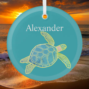 Nautical Coastal Sea Turtle  Blue Yellow Teal Glass Ornament